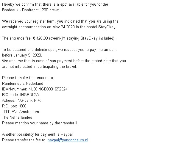 Bordeaux-Dordrecht1200kmエントリー完了メール